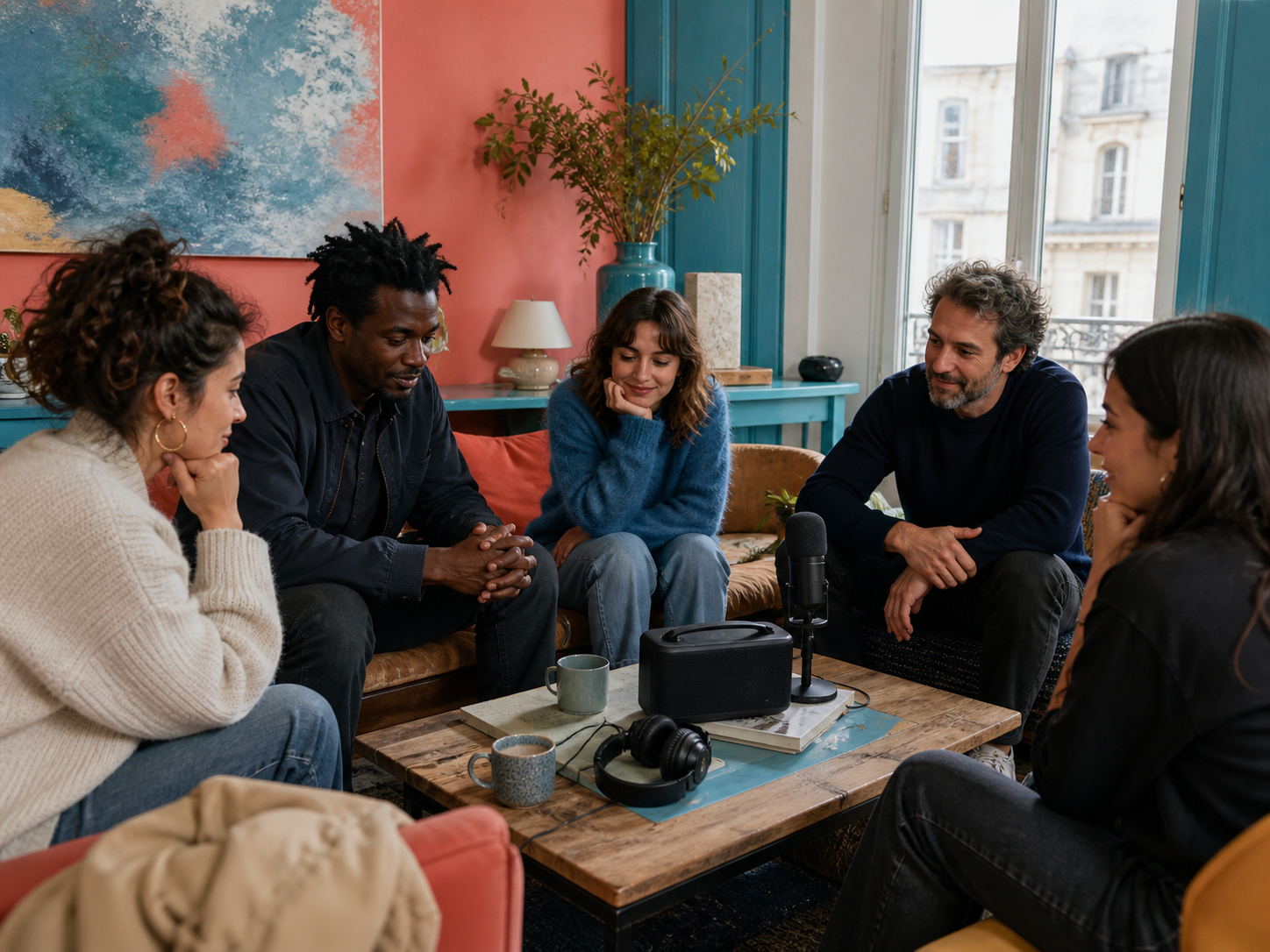 Habitants écoutant ensemble un podcast local