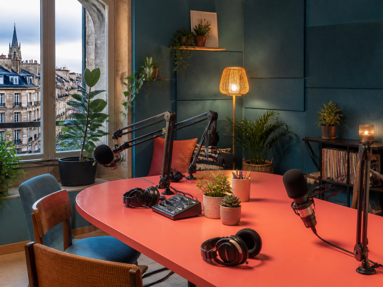 Studio de podcast corail et bleu mer